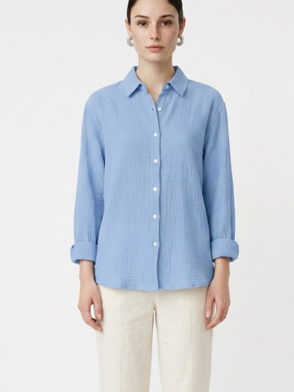 Eileen fisher Organic Handkerchief Linen Classic Collar Shirt (airy blue)